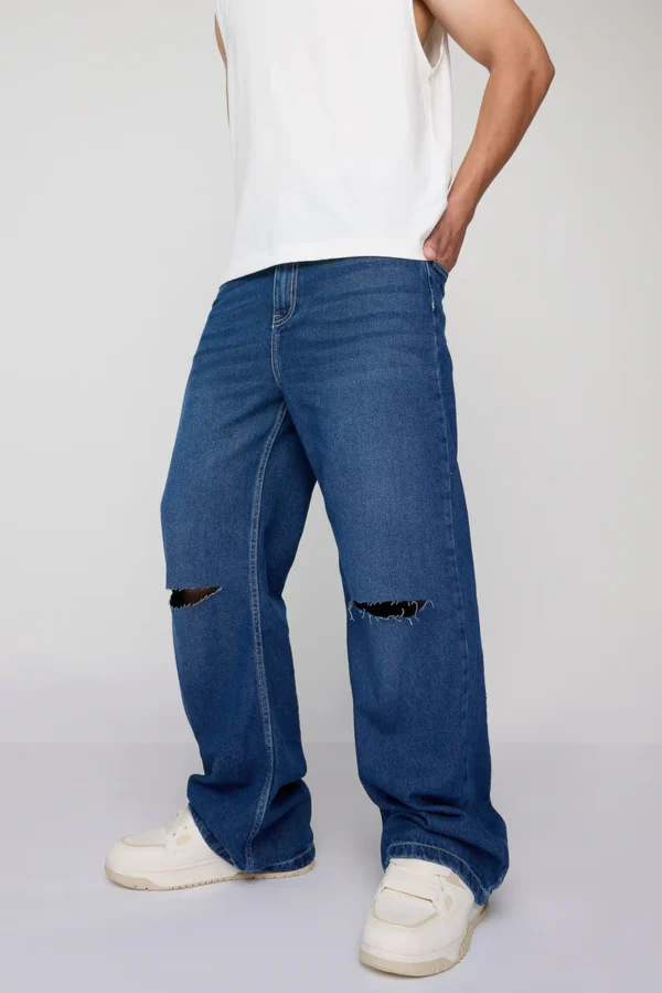 Vintage Blue Slit Knee Wide Leg Jeans - Image 4