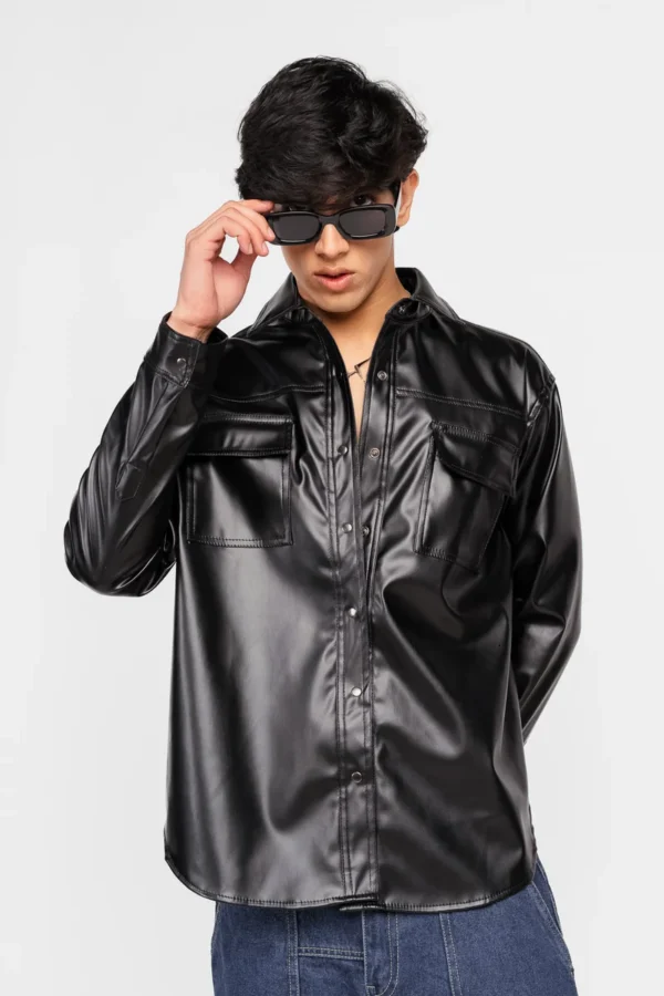 Black Leather Cowboy Men Shirt