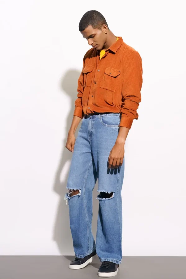 Men Blue Faded Distressed Wide Jeans - Image 2