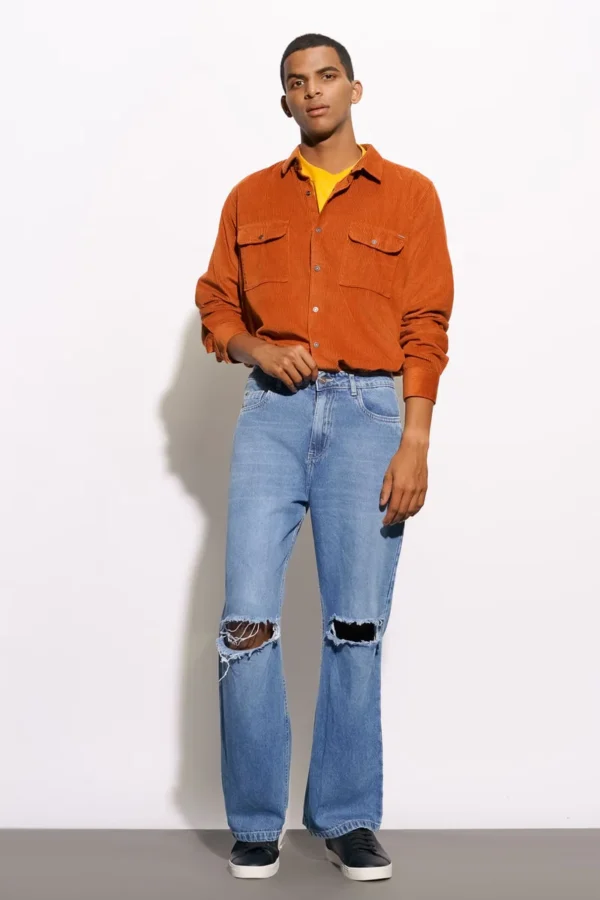 Men Blue Faded Distressed Wide Jeans