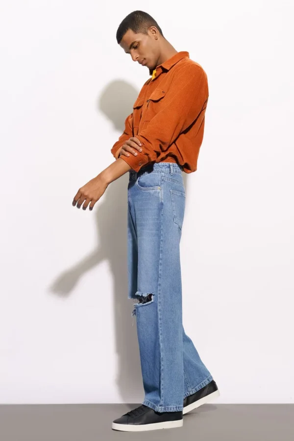 Men Blue Faded Distressed Wide Jeans - Image 3