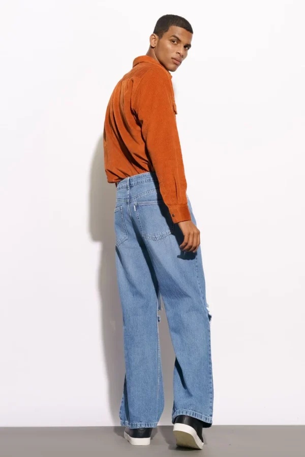 Men Blue Faded Distressed Wide Jeans - Image 4